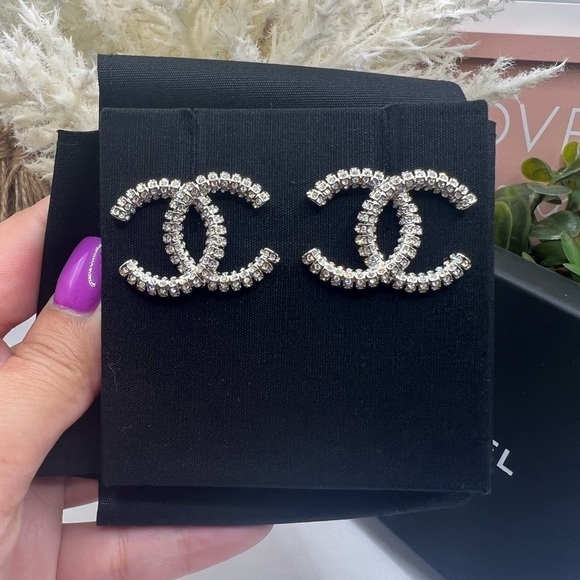 CHANEL XL Silver Crystal Interlocking CC Logo Stud Earrings - Picture 1 of 8